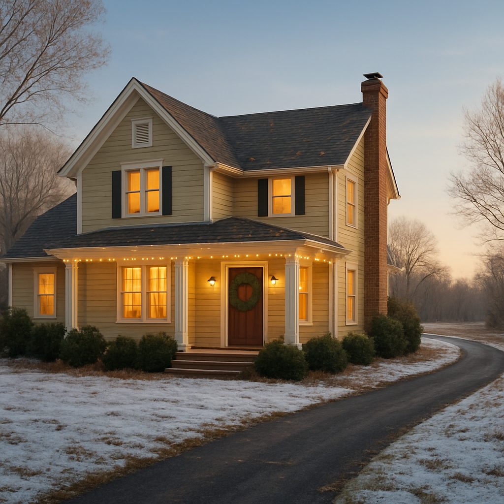 Cozy rural home in West Tennessee decorated for the holidays with soft winter lighting and a wreath on the front door.