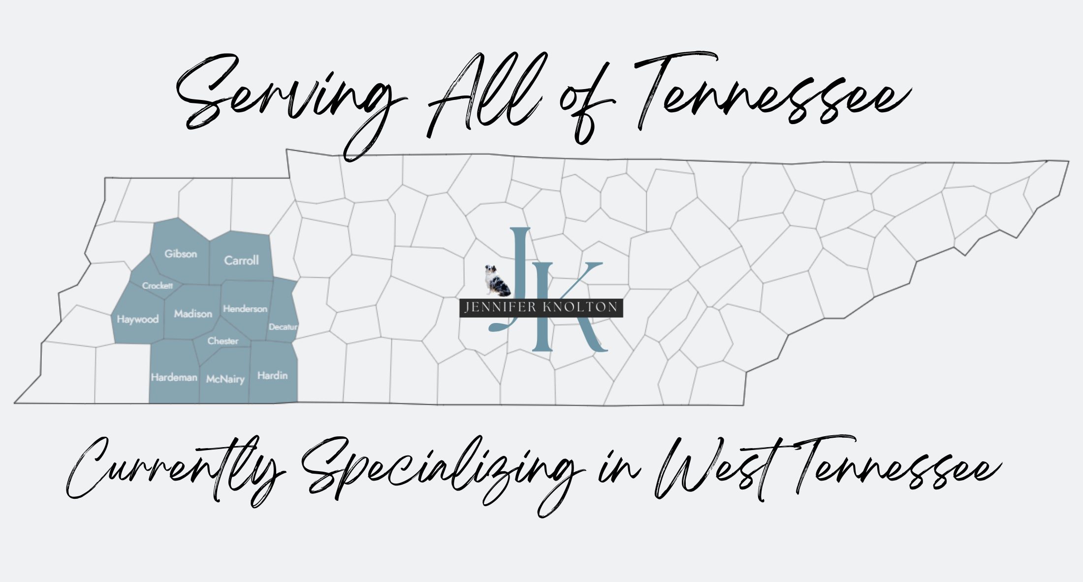 Map of Tennessee highlighting West Tennessee counties served by REALTOR Jennifer Knolton, including Madison, Chester, Henderson, and surrounding areas