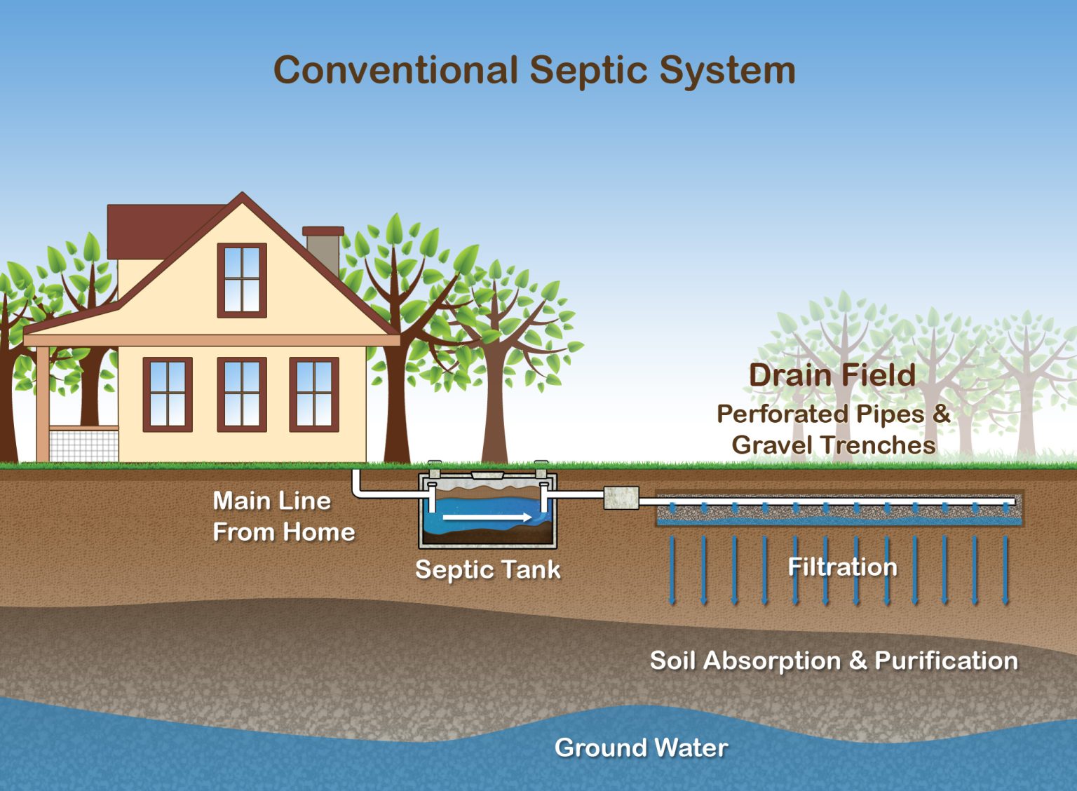 Diagram showing how a septic system works for rural homes in West Tennessee.