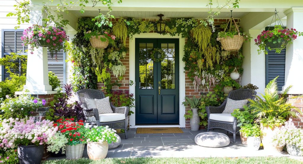 Clean front porch with welcome mat and plants in West Tennessee home