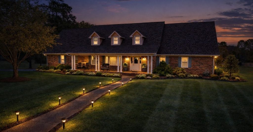 Warm and inviting home exterior in West Tennessee at sunset