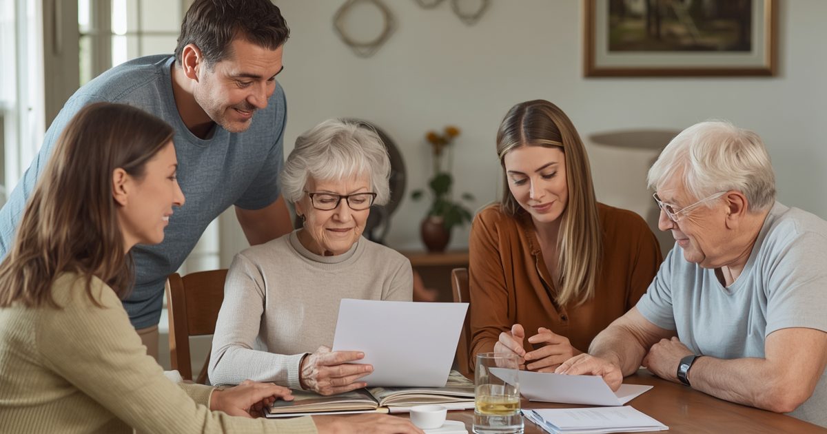 Adult children and aging parents reviewing documents together while discussing future housing and care decisions.