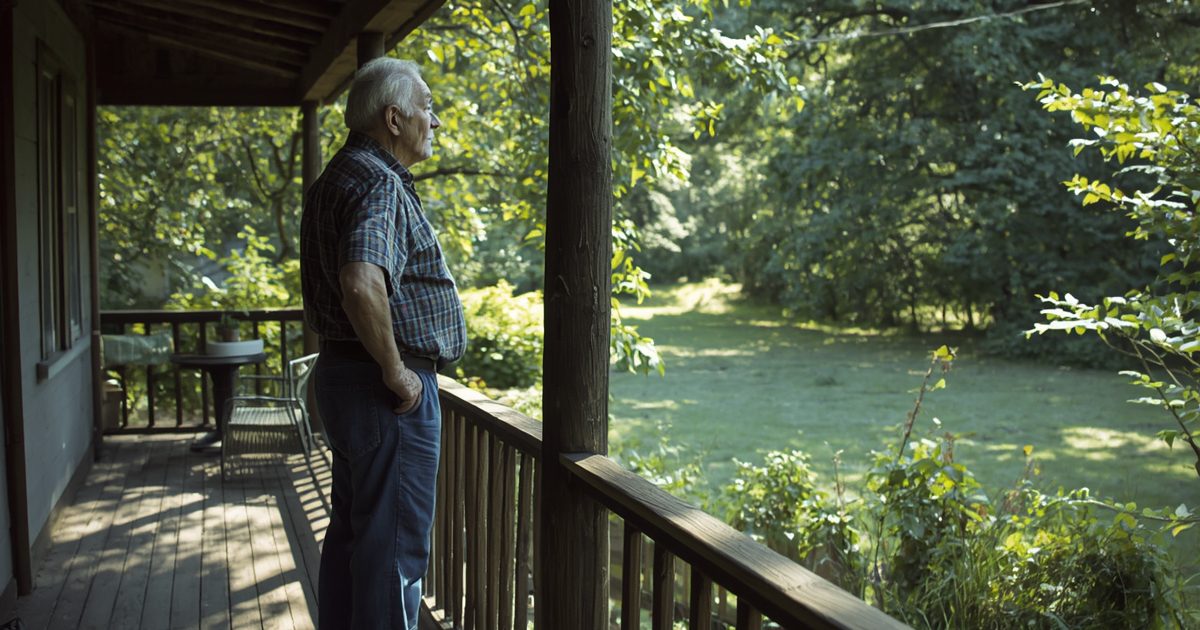 Older homeowner standing on a porch looking out over a large yard and wooded property, reflecting on the maintenance responsibilities of homeownership.